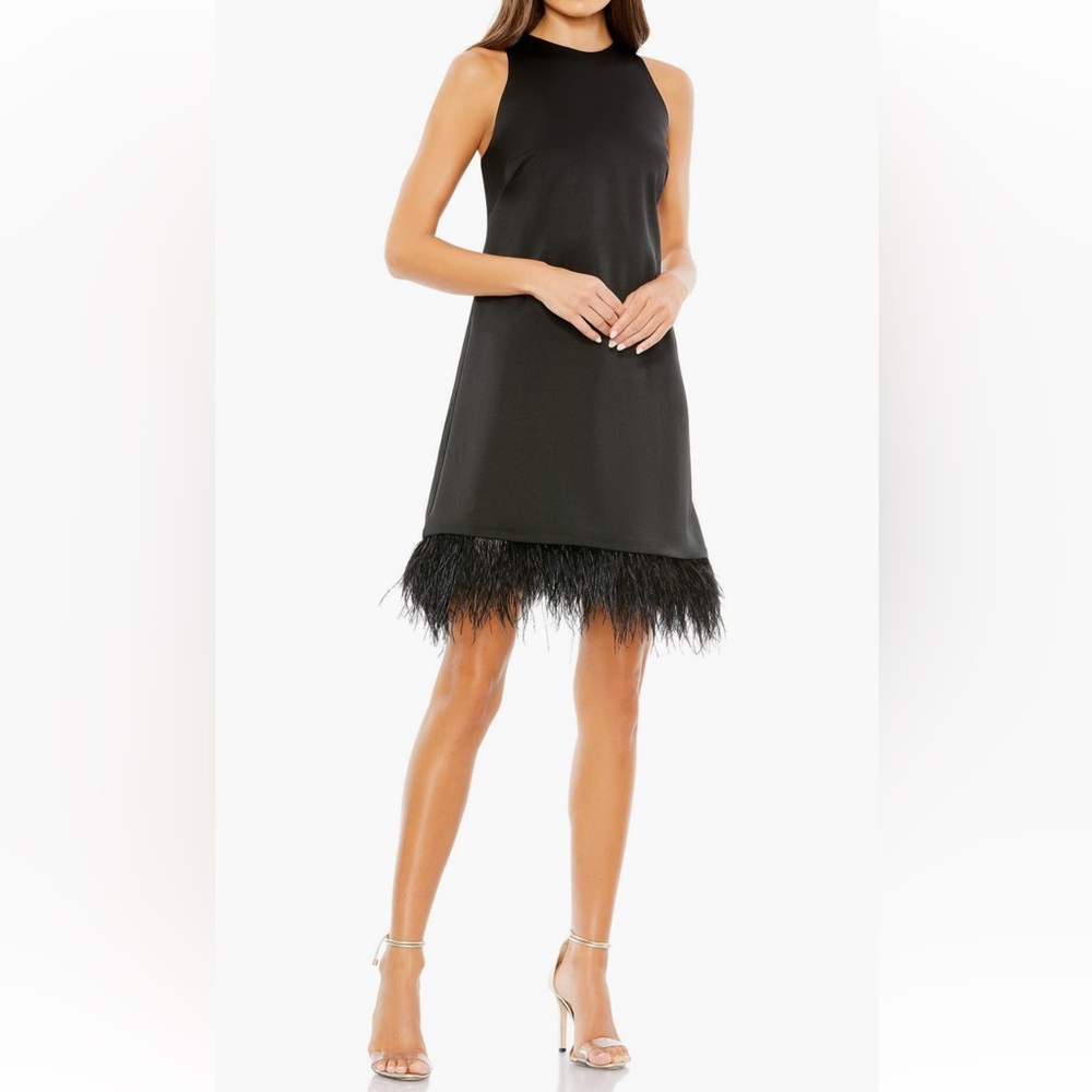 leena for Mac Duggal Crewneck Faux Feather Hem Cocktail Dress‎ NWT Sz 4